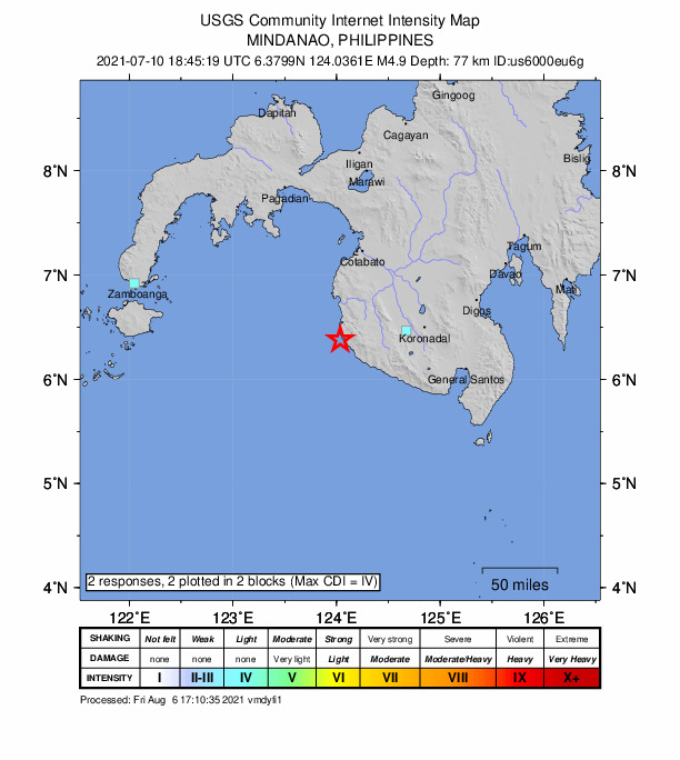 USGS DYFI community-reported intensity map for the M4.9 earthquake near 7 km S of Sangay, Philippines