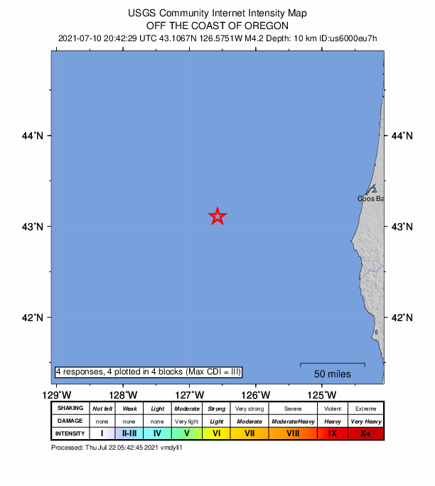 USGS DYFI community-reported intensity map for the M4.2 earthquake near 174 km WNW of Port Orford, Oregon