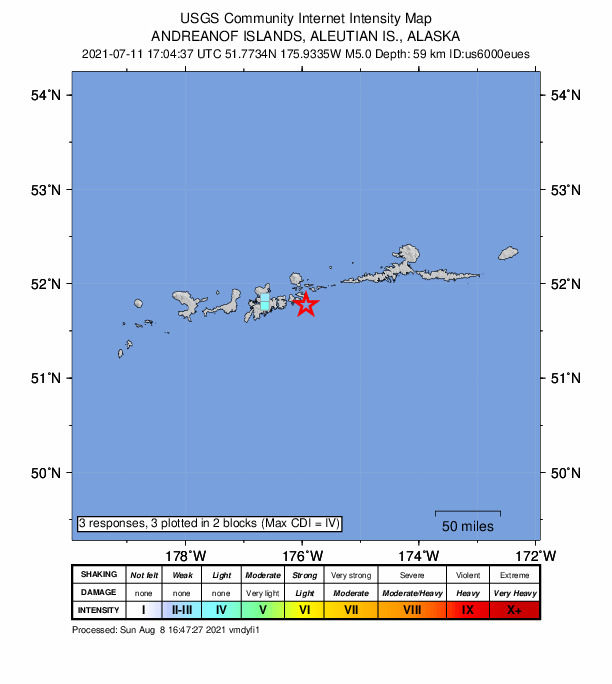 USGS DYFI community-reported intensity map for the M5.0 earthquake near 49 km ESE of Adak, Alaska