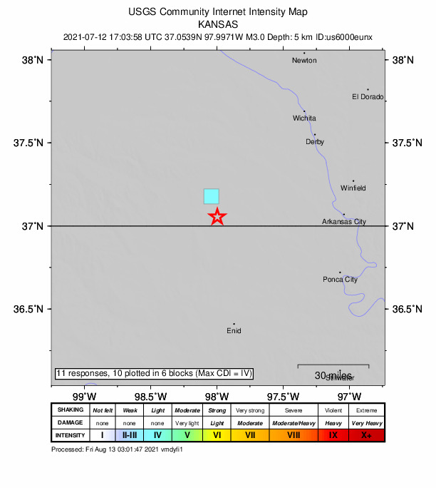 USGS DYFI community-reported intensity map for the M3.0 earthquake near 7 km NNE of Manchester, Oklahoma