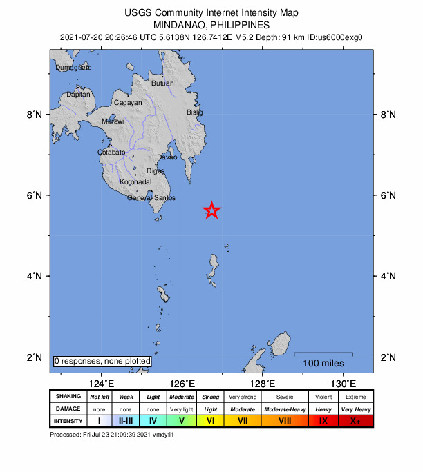 USGS DYFI community-reported intensity map for the M5.2 earthquake near Mindanao, Philippines
