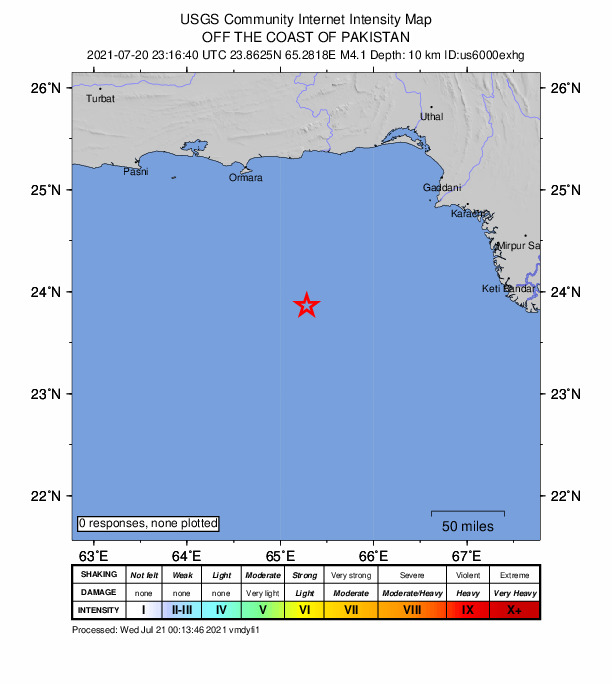 USGS DYFI community-reported intensity map for the M4.2 earthquake near 168 km SSE of Ormara, Pakistan