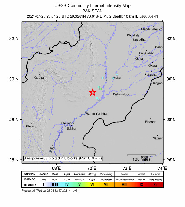 USGS DYFI community-reported intensity map for the M5.2 earthquake near 36 km NW of Rajanpur, Pakistan