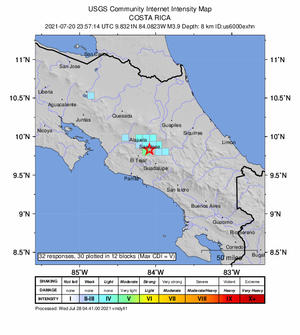 USGS DYFI community-reported intensity map for the M3.9 earthquake near 2 km SSE of Salitrillos, Costa Rica