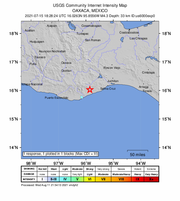 USGS DYFI community-reported intensity map for the M4.3 earthquake near 11 km S of Santa María Zapotitlán, Mexico
