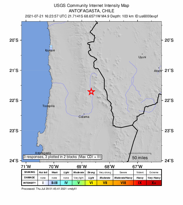 USGS DYFI community-reported intensity map for the M4.9 earthquake near 86 km NNE of Calama, Chile