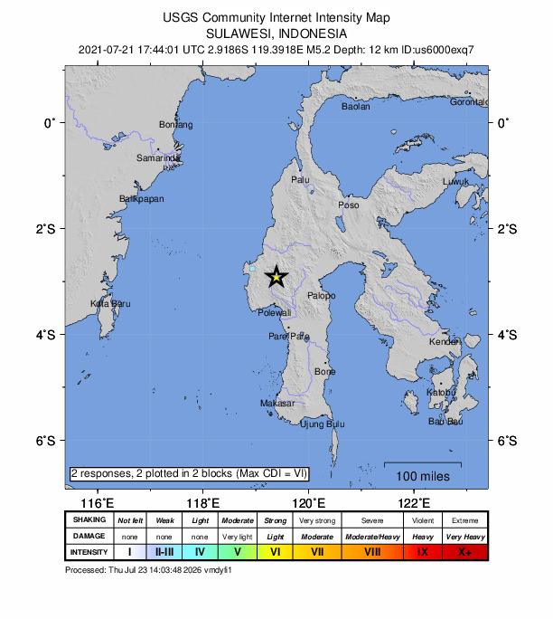 USGS DYFI community-reported intensity map for the M5.2 earthquake near 56 km W of Rantepao, Indonesia