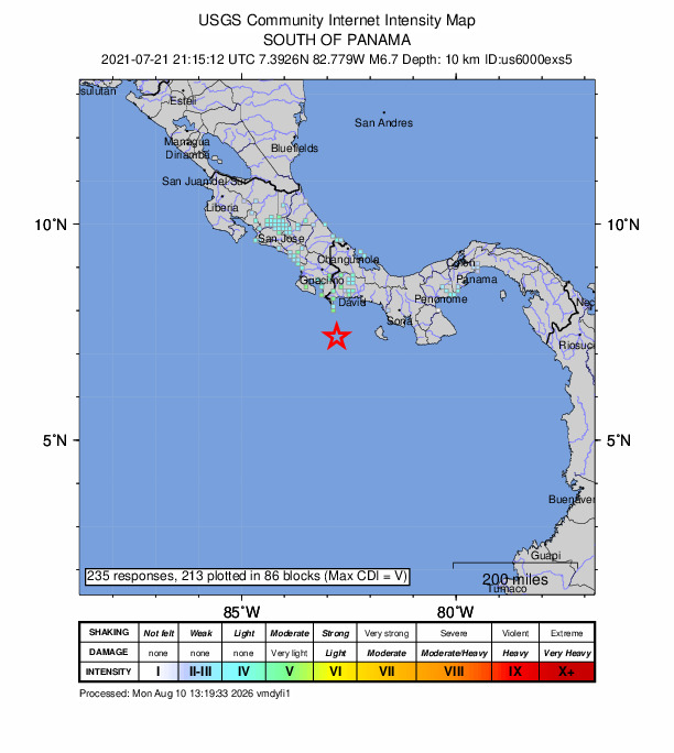 USGS DYFI community-reported intensity map for the M6.7 earthquake near 71 km S of Burica, Panama