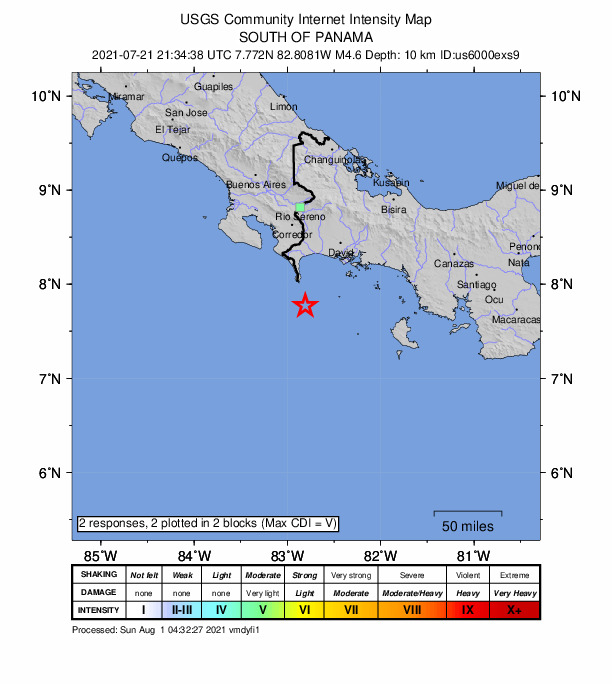 USGS DYFI community-reported intensity map for the M4.6 earthquake near 29 km SSE of Burica, Panama