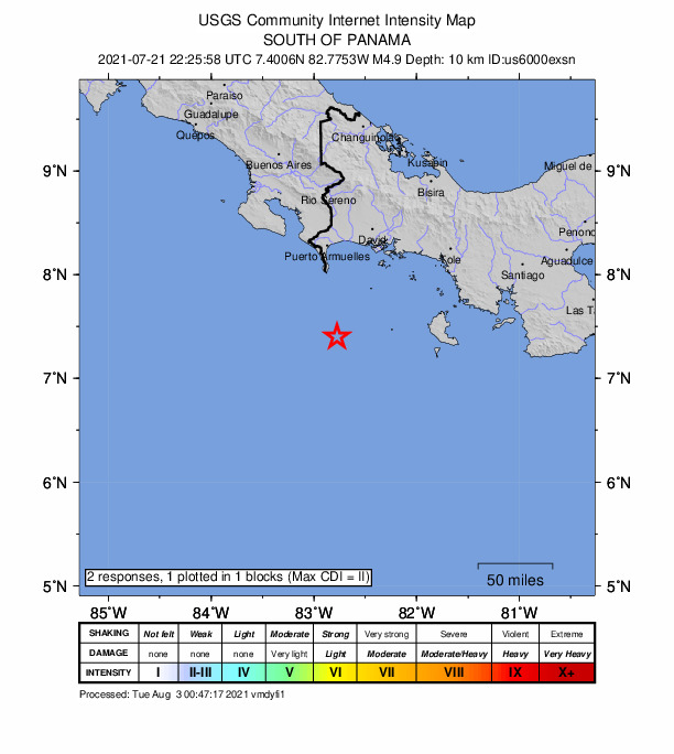 USGS DYFI community-reported intensity map for the M4.9 earthquake near 70 km S of Burica, Panama