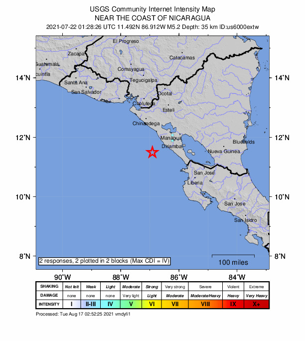 USGS DYFI community-reported intensity map for the M5.2 earthquake near 54 km SW of Masachapa, Nicaragua