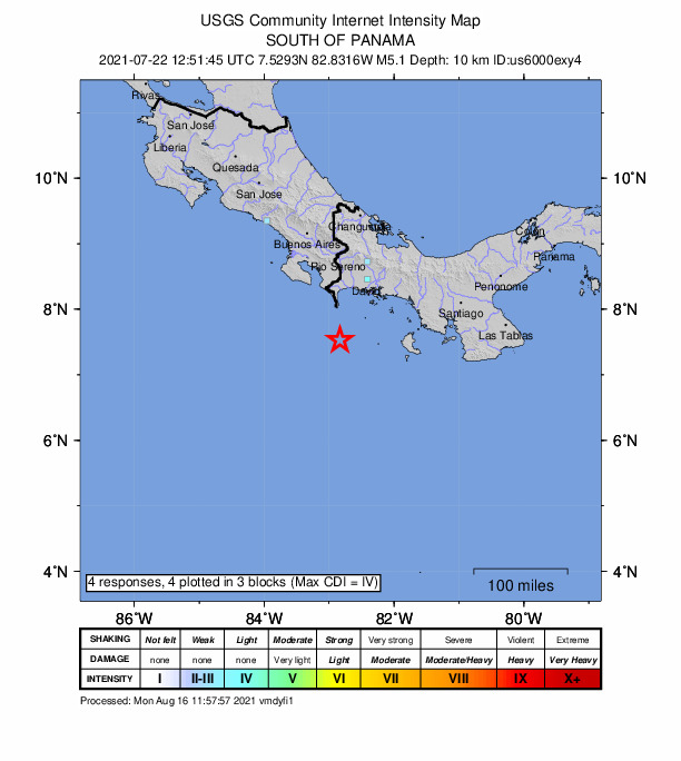 USGS DYFI community-reported intensity map for the M5.1 earthquake near 55 km S of Burica, Panama