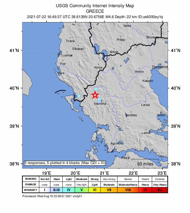 USGS DYFI community-reported intensity map for the M4.6 earthquake near 4 km WSW of Asprángeloi, Greece