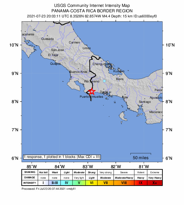 USGS DYFI community-reported intensity map for the M4.4 earthquake near 4 km SE of Finca Blanco, Panama