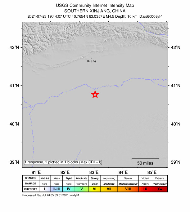 USGS DYFI community-reported intensity map for the M4.5 earthquake near 110 km S of Kuqa, China