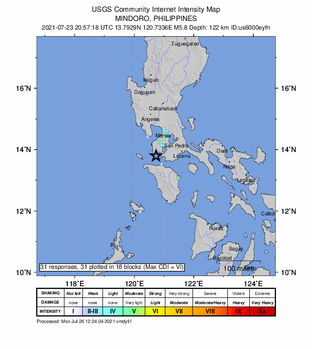 USGS DYFI community-reported intensity map for the M5.8 earthquake near 6 km SE of Hukay, Philippines
