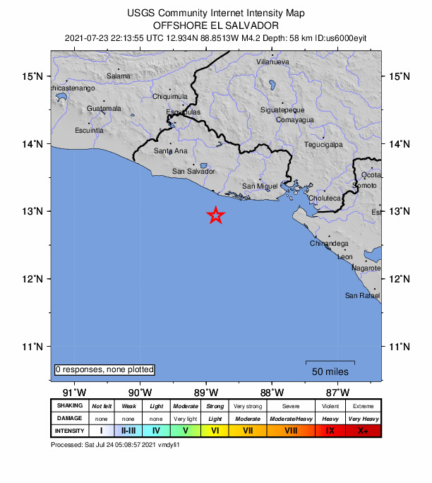 USGS DYFI community-reported intensity map for the M4.2 earthquake near 20 km SSW of Puerto El Triunfo, El Salvador