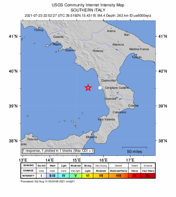 USGS DYFI community-reported intensity map for the M4.4 earthquake near 38 km WSW of Diamante, Italy
