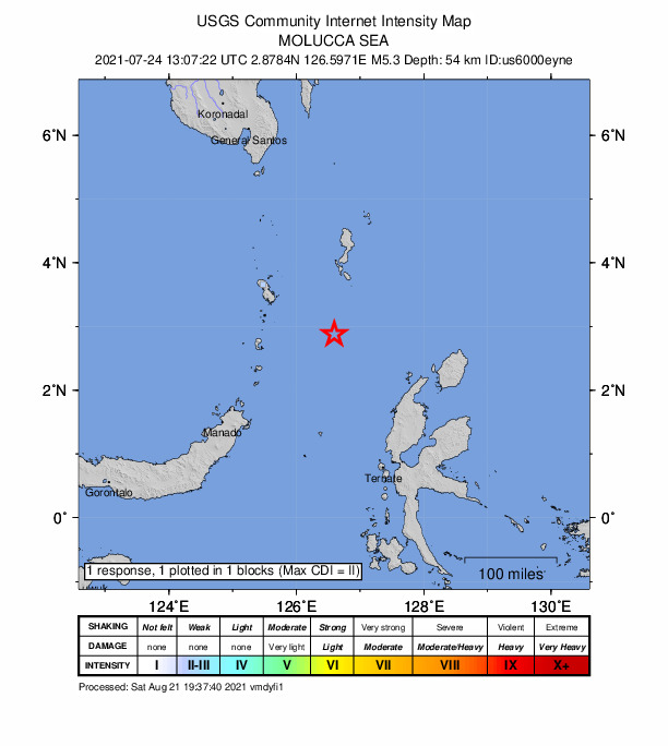 USGS DYFI community-reported intensity map for the M5.3 earthquake near 202 km NW of Tobelo, Indonesia