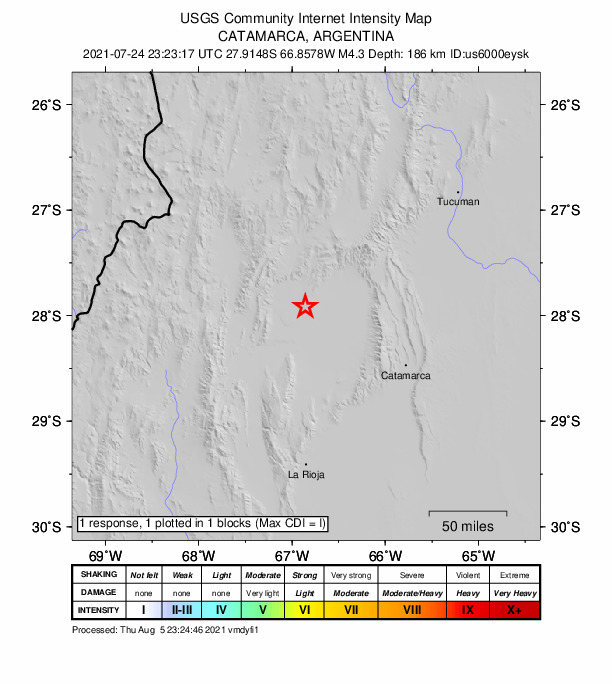 USGS DYFI community-reported intensity map for the M4.3 earthquake near 35 km SE of Londres, Argentina