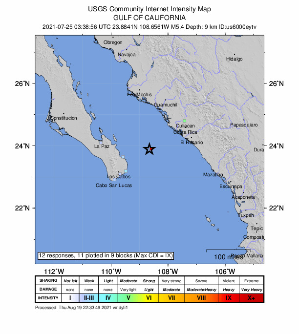 USGS DYFI community-reported intensity map for the M5.4 earthquake near 99 km ENE of La Rivera, Mexico