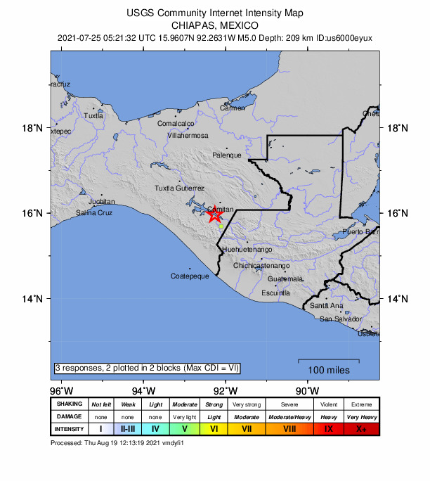 USGS DYFI community-reported intensity map for the M5.0 earthquake near Mexico-Guatemala border region