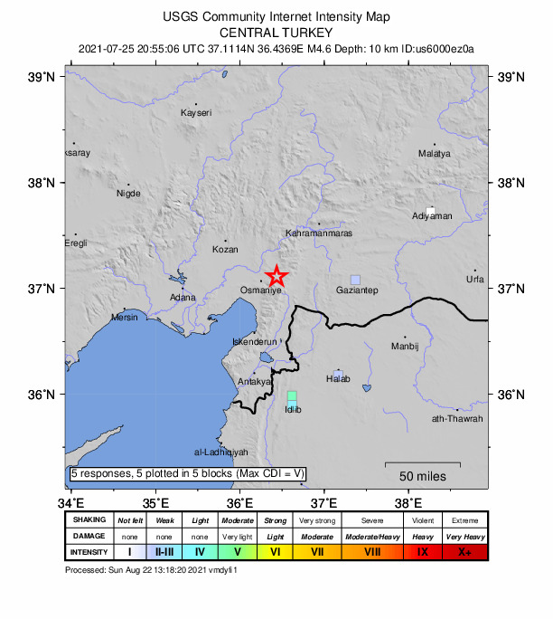 USGS DYFI community-reported intensity map for the M4.6 earthquake near 9 km W of Hasanbeyli, Turkey