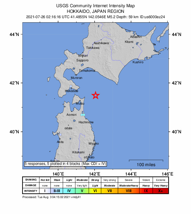 USGS DYFI community-reported intensity map for the M5.2 earthquake near 73 km ENE of Mutsu, Japan
