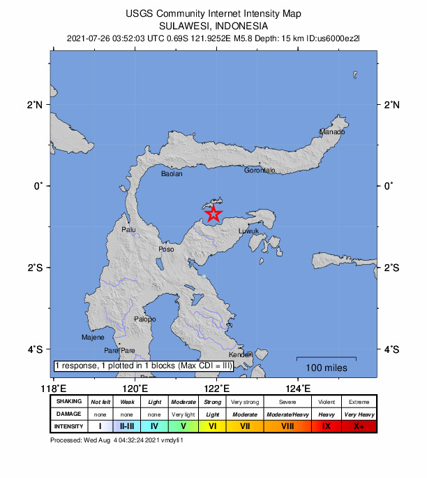 USGS DYFI community-reported intensity map for the M5.8 earthquake near 102 km WNW of Luwuk, Indonesia