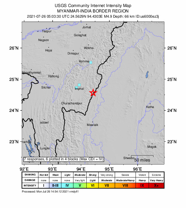 USGS DYFI community-reported intensity map for the M4.9 earthquake near 38 km E of W?ngjing, India