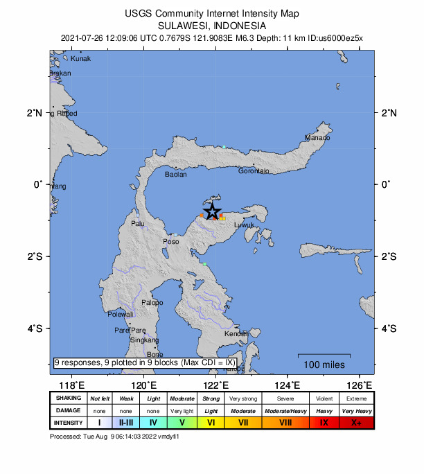 USGS DYFI community-reported intensity map for the M6.3 earthquake near 99 km WNW of Luwuk, Indonesia