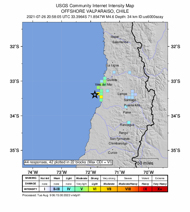 USGS DYFI community-reported intensity map for the M4.6 earthquake near 28 km NW of Cartagena, Chile