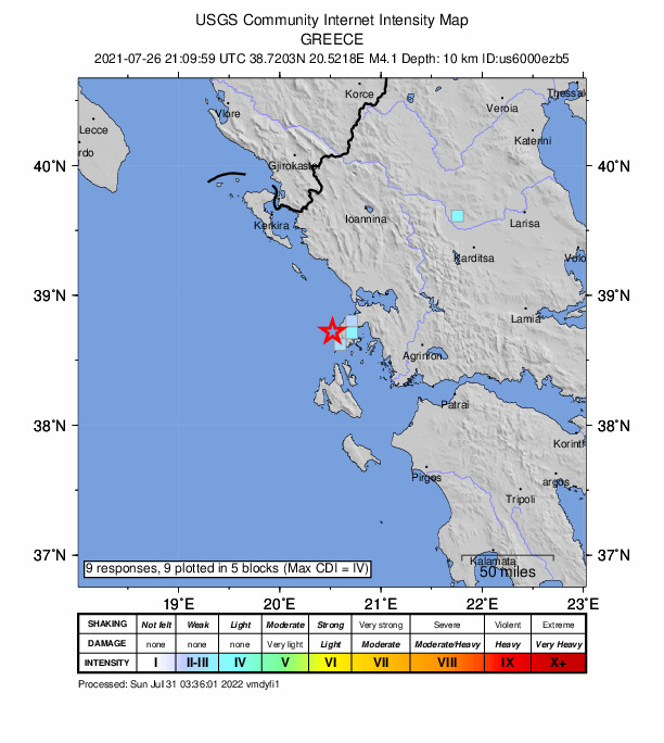 USGS DYFI community-reported intensity map for the M4.1 earthquake near 20 km SW of Lefkáda, Greece