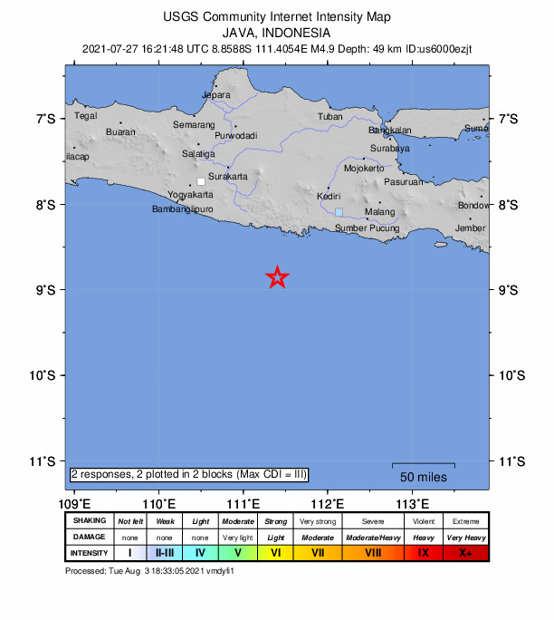 USGS DYFI community-reported intensity map for the M4.9 earthquake near 92 km SSW of Trenggalek, Indonesia