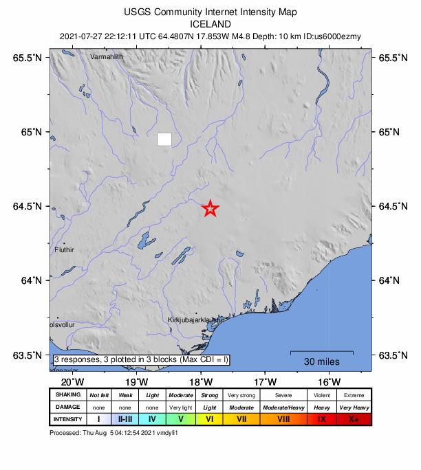 USGS DYFI community-reported intensity map for the M4.8 earthquake near 129 km W of Höfn, Iceland