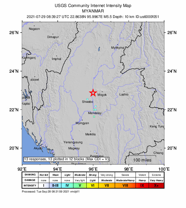 USGS DYFI community-reported intensity map for the M5.5 earthquake near 44 km NE of Shwebo, Myanmar