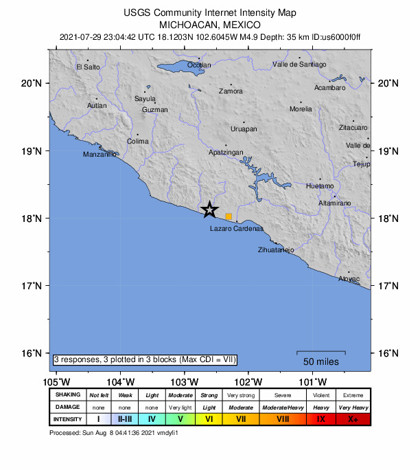 USGS DYFI community-reported intensity map for the M4.9 earthquake near 31 km W of El Habillal, Mexico
