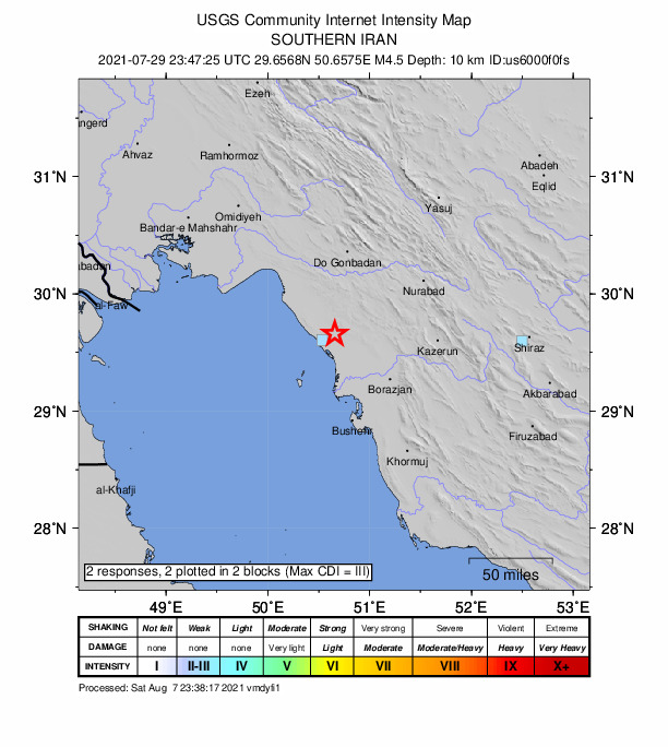 USGS DYFI community-reported intensity map for the M4.5 earthquake near 16 km ENE of Bandar-e Gen?veh, Iran
