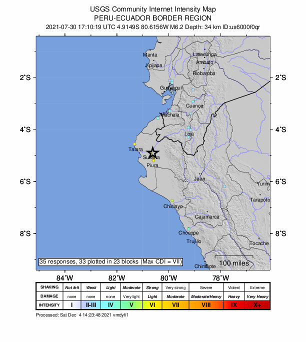 USGS DYFI community-reported intensity map for the M6.2 earthquake near 7 km E of Sullana, Peru