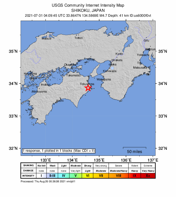 USGS DYFI community-reported intensity map for the M4.7 earthquake near 8 km SW of Anan, Japan