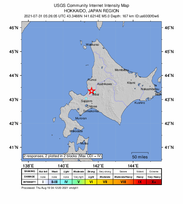 USGS DYFI community-reported intensity map for the M5.0 earthquake near 16 km NNE of T?betsu, Japan