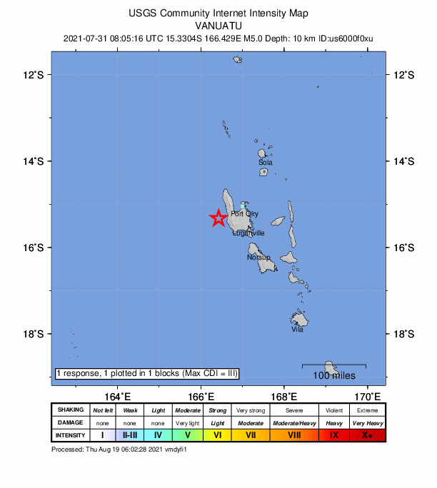 USGS DYFI community-reported intensity map for the M5.0 earthquake near 76 km WSW of Port-Olry, Vanuatu