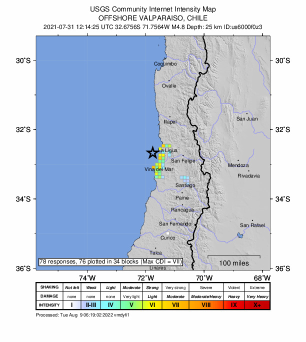 USGS DYFI community-reported intensity map for the M4.8 earthquake near 41 km NNW of Valparaíso, Chile