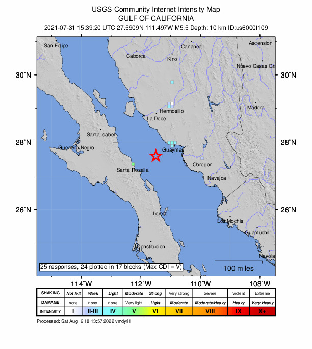 USGS DYFI community-reported intensity map for the M5.5 earthquake near 60 km SW of San Carlos, Mexico