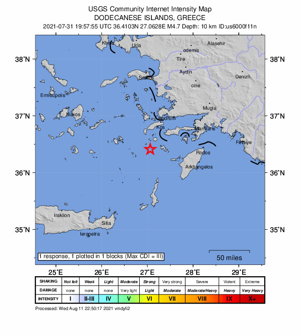 USGS DYFI community-reported intensity map for the M4.7 earthquake near 23 km SSW of Mandráki, Greece