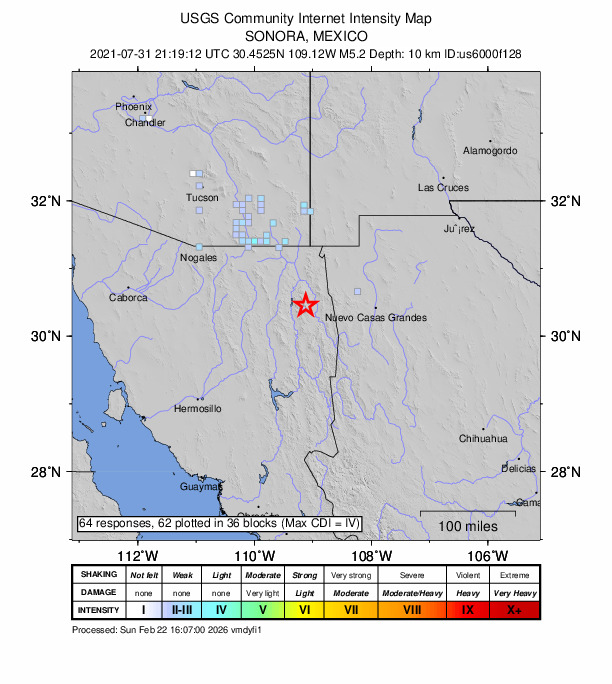 USGS DYFI community-reported intensity map for the M5.2 earthquake near 17 km W of Bavispe, Mexico