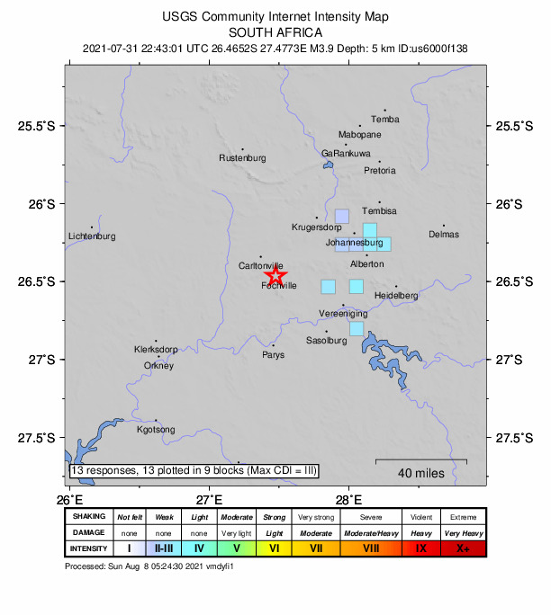 USGS DYFI community-reported intensity map for the M3.9 earthquake near 3 km NNW of Fochville, South Africa