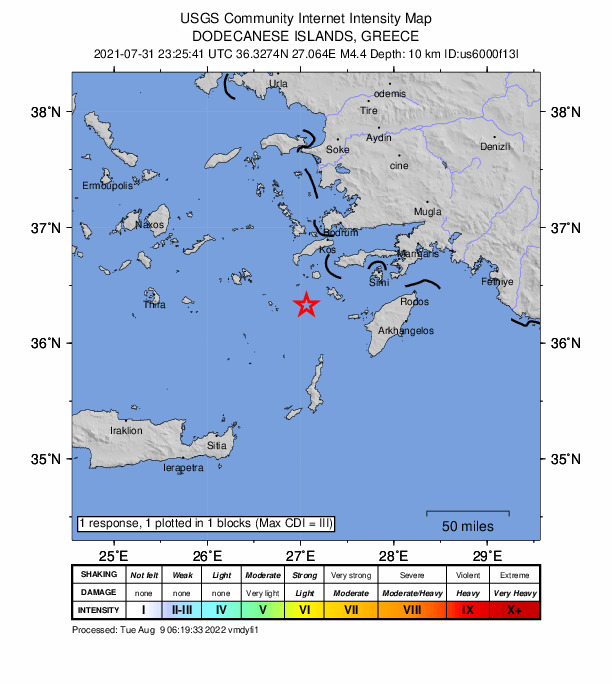 USGS DYFI community-reported intensity map for the M4.4 earthquake near 32 km S of Mandráki, Greece