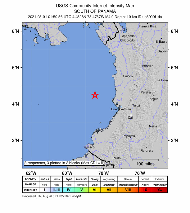USGS DYFI community-reported intensity map for the M4.9 earthquake near 125 km WNW of Santa Genoveva de Docordó, Colombia