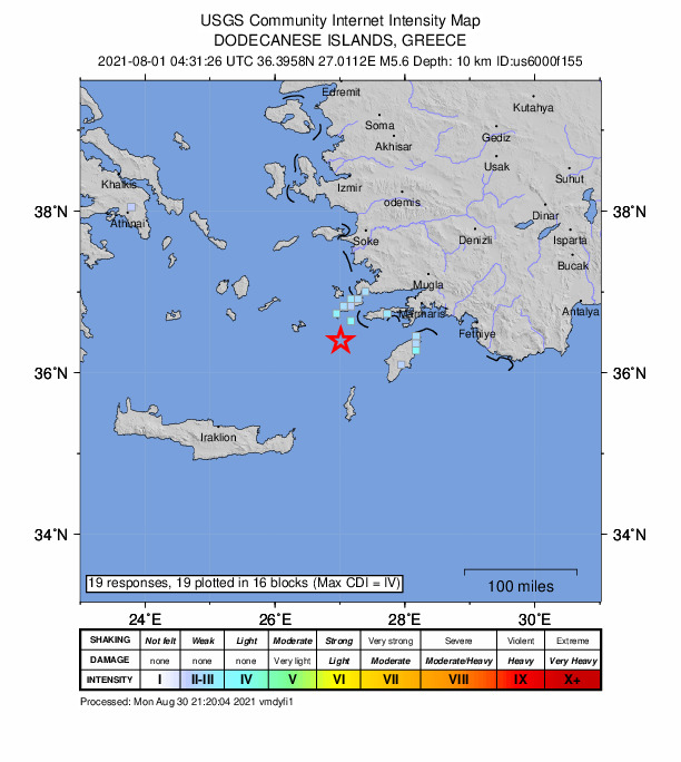 USGS DYFI community-reported intensity map for the M5.6 earthquake near 26 km SSW of Mandráki, Greece